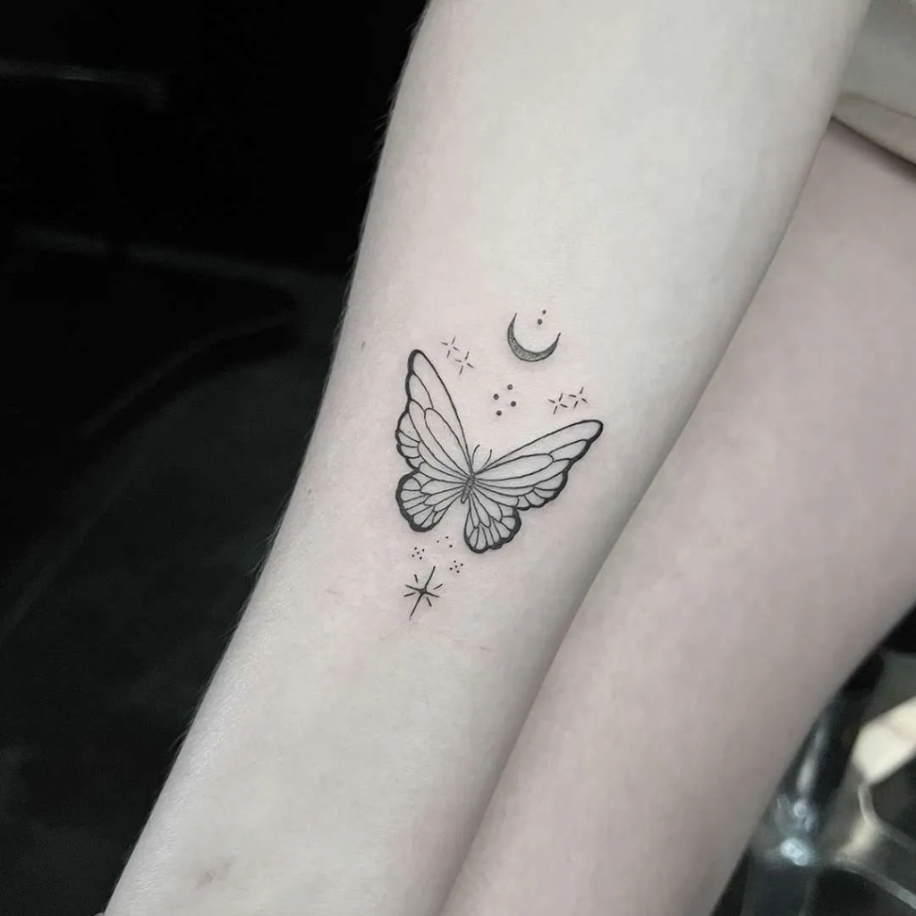 Fineline Butterfly Forearm Tattoo that won't turn green if maintained properly